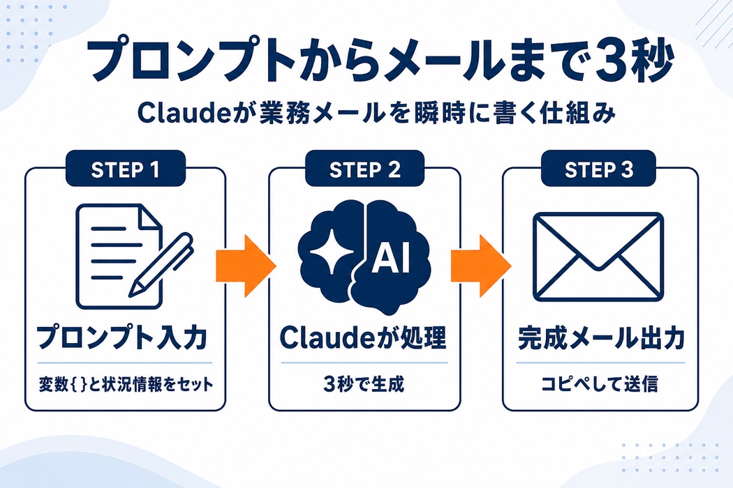 プロンプトからClaudeを経てメール出力への流れ図、Claudeでメール作成を高速化する仕組みを宮崎の経営者向けに視覚化。