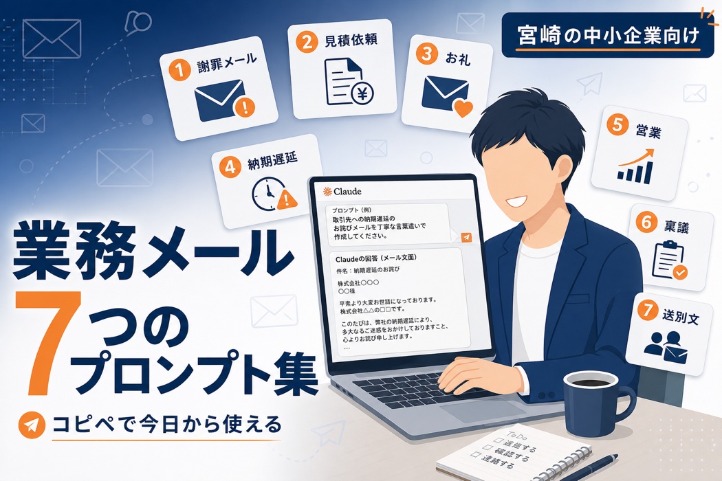Claudeで業務メールを書く7つのプロンプト集記事のヘッダー画像。ノートPCでメール作成中の宮崎の中小企業経営者と7枚のプロンプトカードのイメージ。