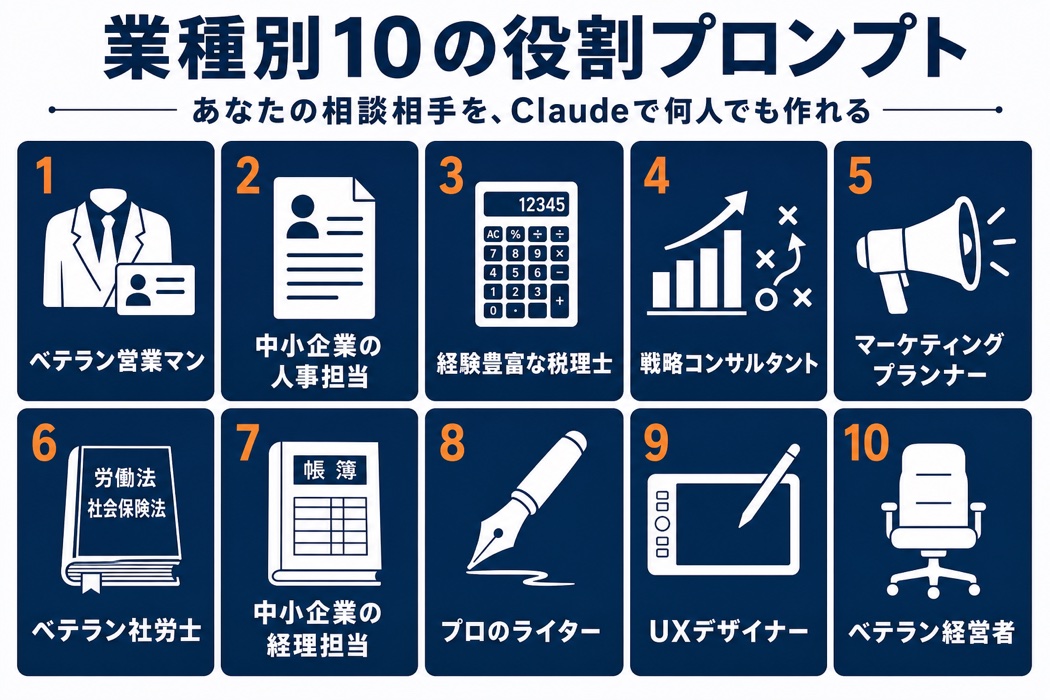 Claude業種別10の役割プロンプト一覧:営業マン・人事・税理士・コンサル・マーケ・社労士・経理・ライター・UXデザイナー・経営者を宮崎の中小企業向けに整理したマップ。