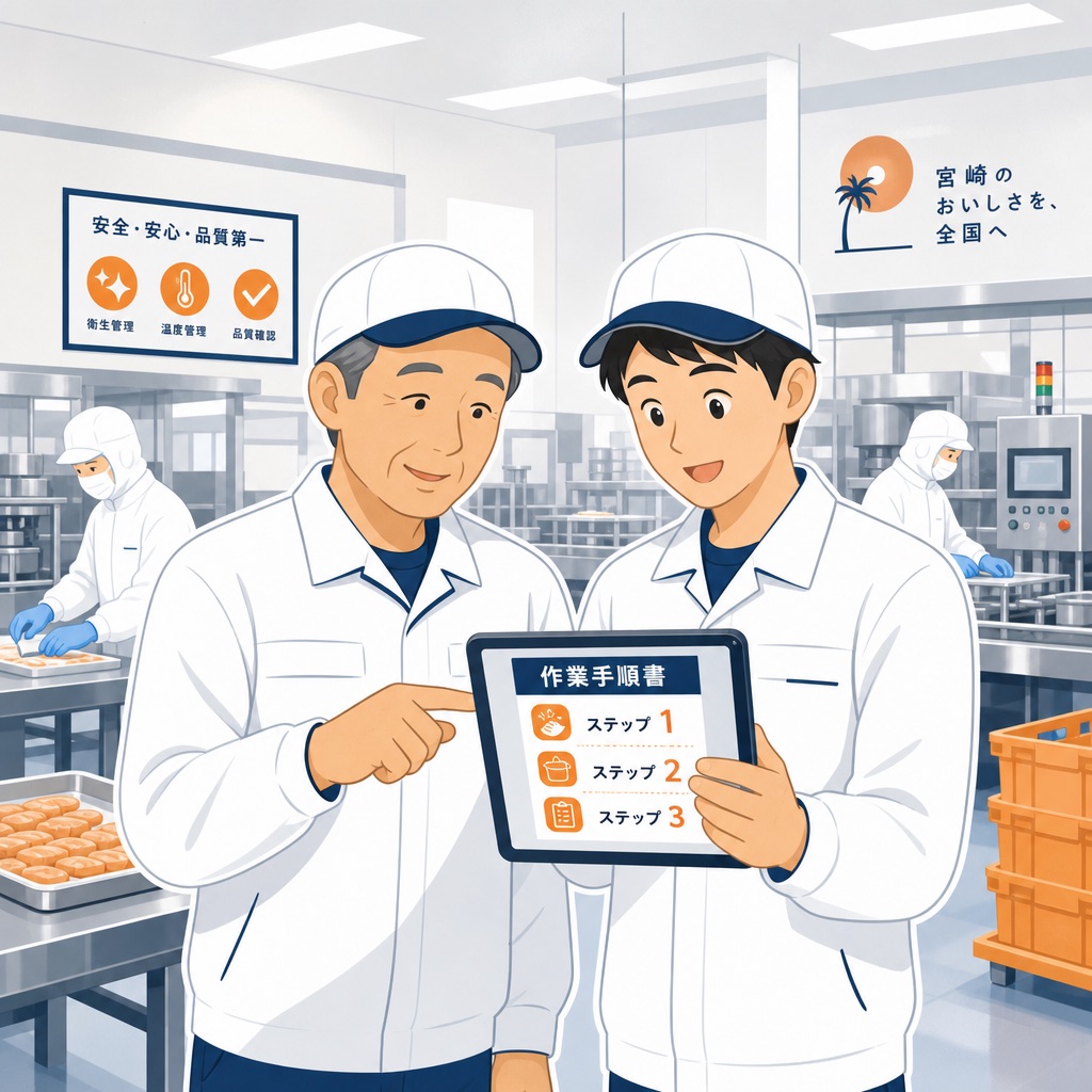宮崎の食品工場でベテランの管理者と新人作業員がタブレットの作業手順書を確認するシーン。Claude(クロード)で属人化した暗黙知を文章化し、新人教育とSOP整備に活用する中小製造業の典型的な活用イメージ。