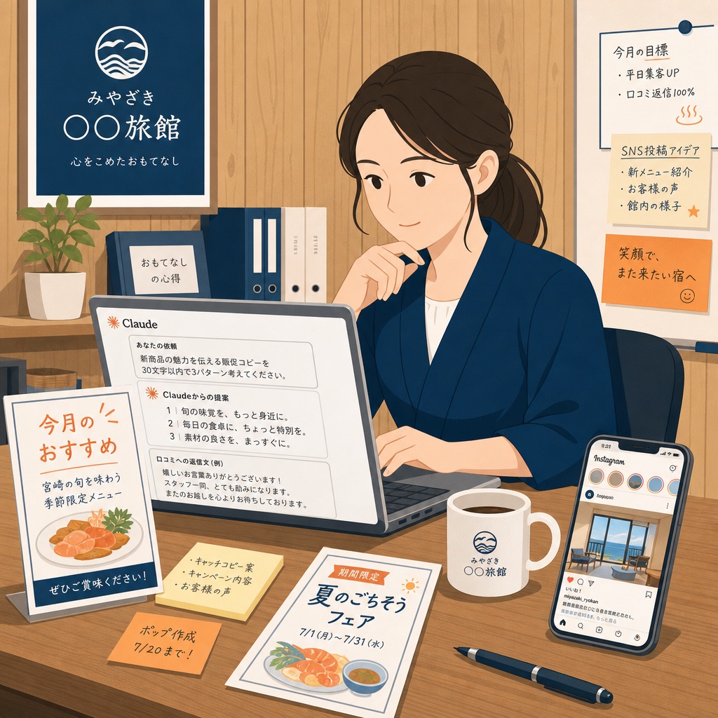宮崎の旅館バックヤードで30代女性店長がClaudeに販促POPコピー・SNS投稿・口コミ返信を作成させているシーン。小売業とサービス業がClaude(クロード)で顧客向け文章作成を高速化する具体的な活用イメージ。