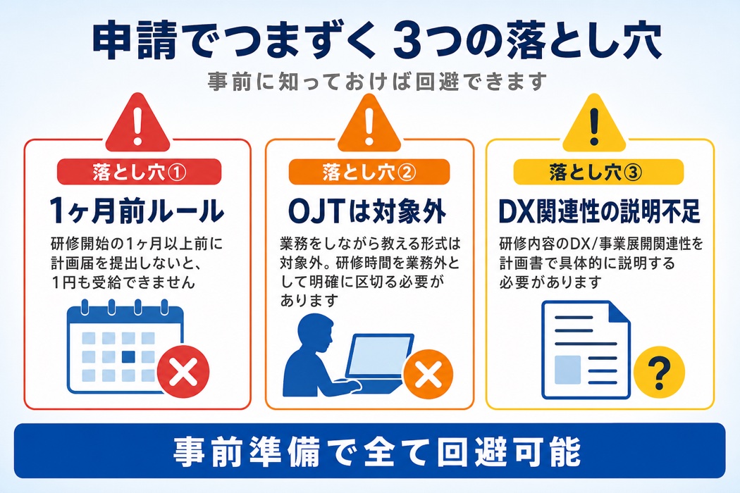 人材開発支援助成金の申請でつまずく3つの落とし穴。1ヶ月前ルール、OJTは対象外、DX関連性の説明不足という典型的な失敗パターン