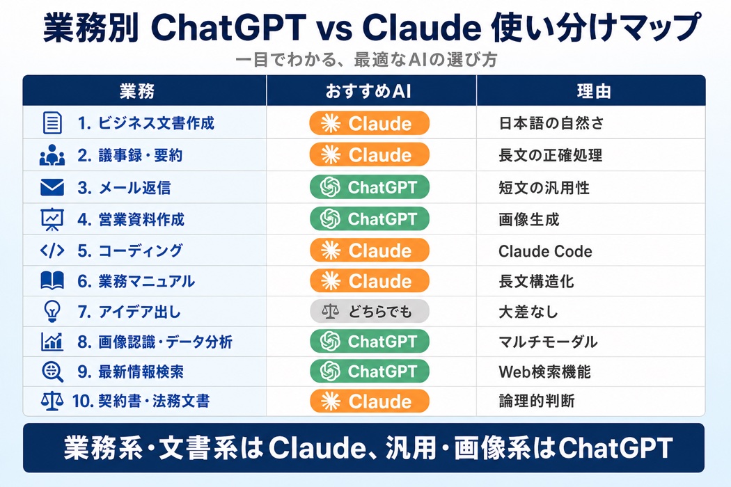 【宮崎の中小企業向け】業務別ChatGPT vs Claude使い分けマップ早見表。ビジネス文書・議事録・コーディング・契約書はClaude、メール返信・営業資料・画像分析・最新情報検索はChatGPTが推奨