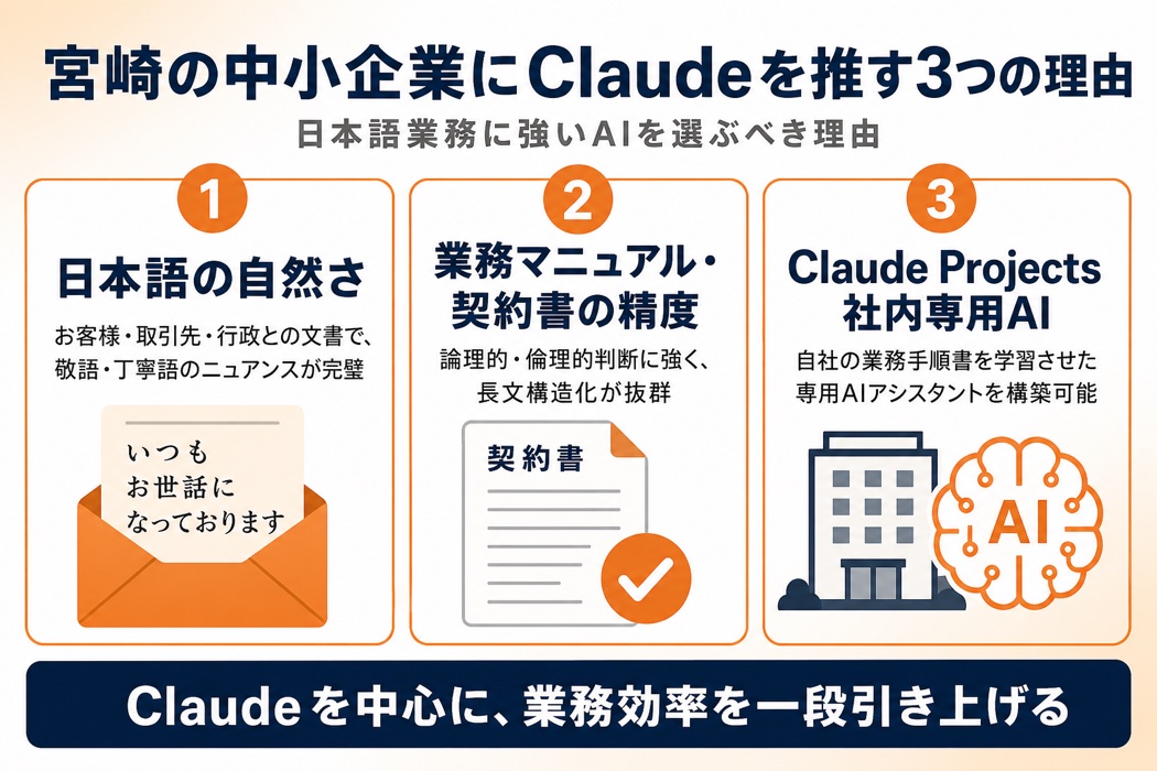 宮崎の中小企業にChatGPTよりClaudeを推す3つの理由。日本語の自然さで業務文書にフィット、業務マニュアル・契約書の精度、Claude Projectsで社内専用AIを構築可能（ChatGPTとの使い分け視点）