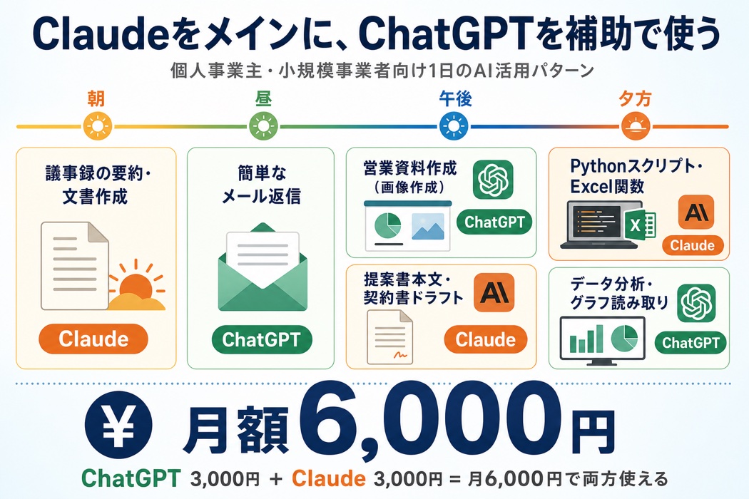 【宮崎の中小企業向け】Claudeをメインに、ChatGPTを補助で使う1日のAI活用パターン。朝は議事録要約Claude、昼はメール返信ChatGPT、午後は提案書Claude＋営業資料ChatGPT、夕方はコーディングClaudeと使い分け