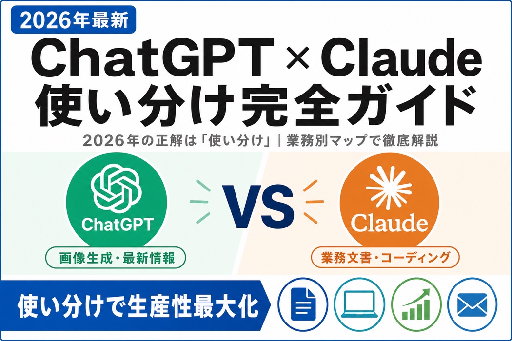 【宮崎の中小企業必見】ChatGPTとClaudeの使い分け完全ガイド2026のアイキャッチ画像。両AIを業務別に使い分けて生産性を最大化する方法を解説。