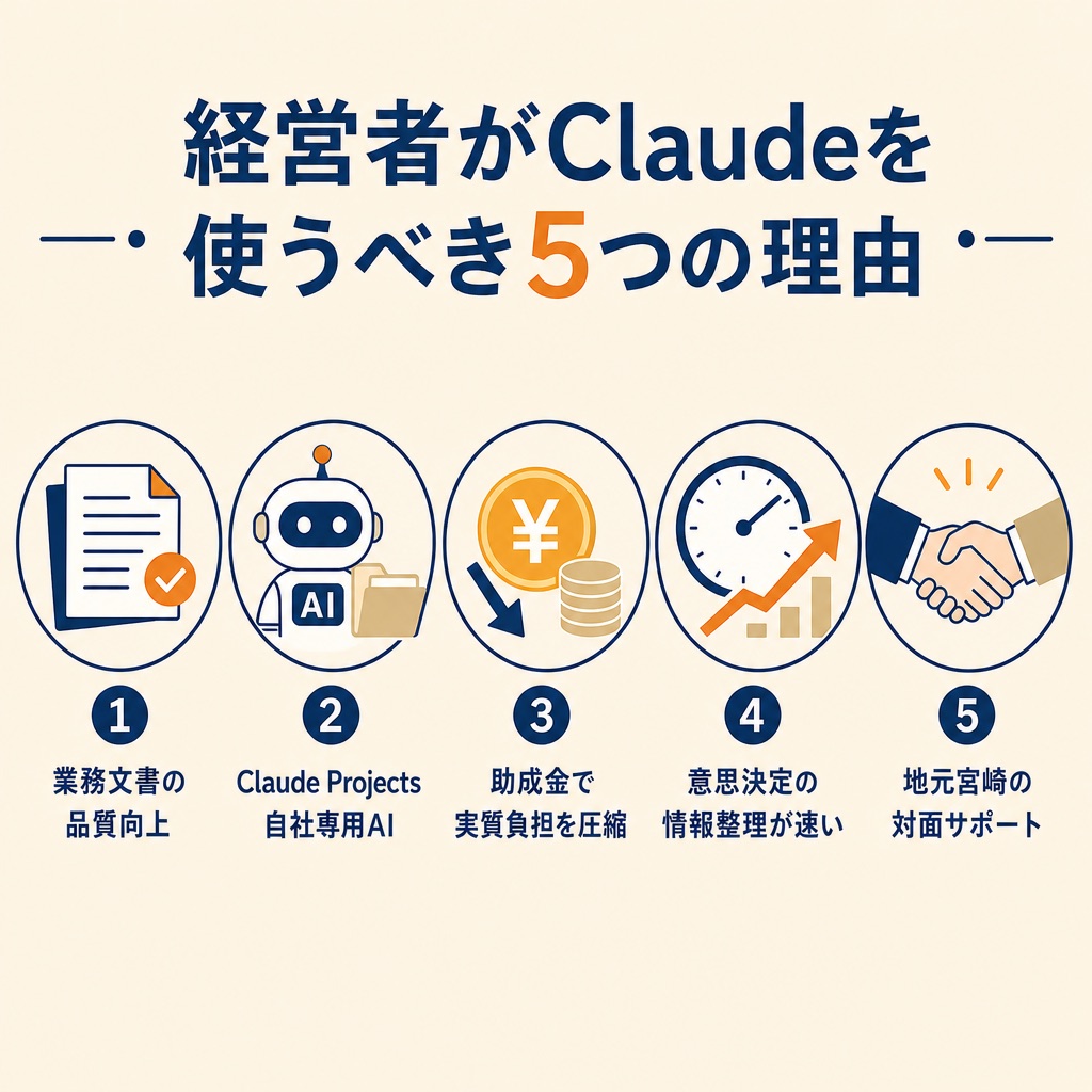 経営者がClaudeを使うべき5つの理由インフォグラフィック。業務文書の品質向上、Claude Projects自社専用AI、助成金で実質負担を圧縮、意思決定の情報整理、地元宮崎の対面サポートを5つのアイコンで紹介