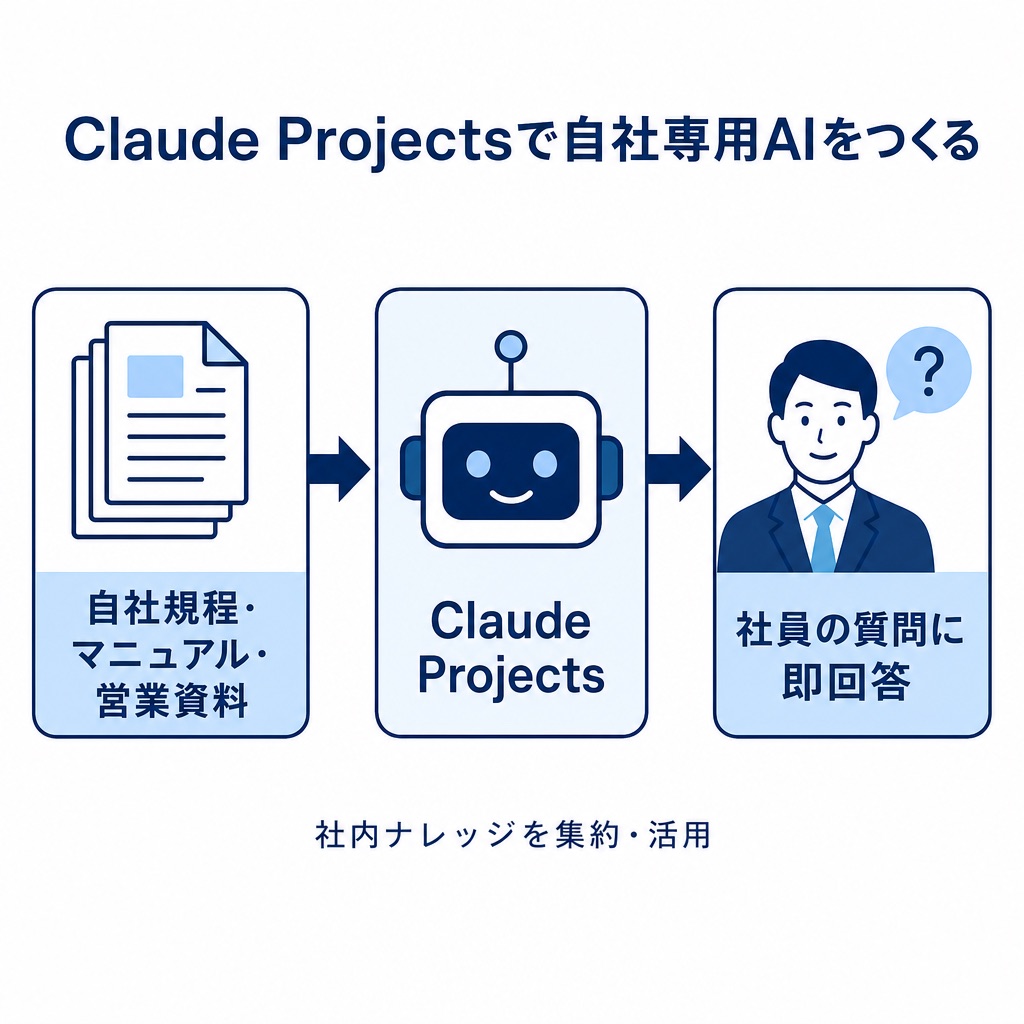 Claude Projectsで自社専用AIをつくる仕組み図。自社規程・マニュアル・営業資料を読み込ませることで、社員の質問にClaudeが社内ルールに沿って即回答できる、社内ナレッジ集約のフロー図
