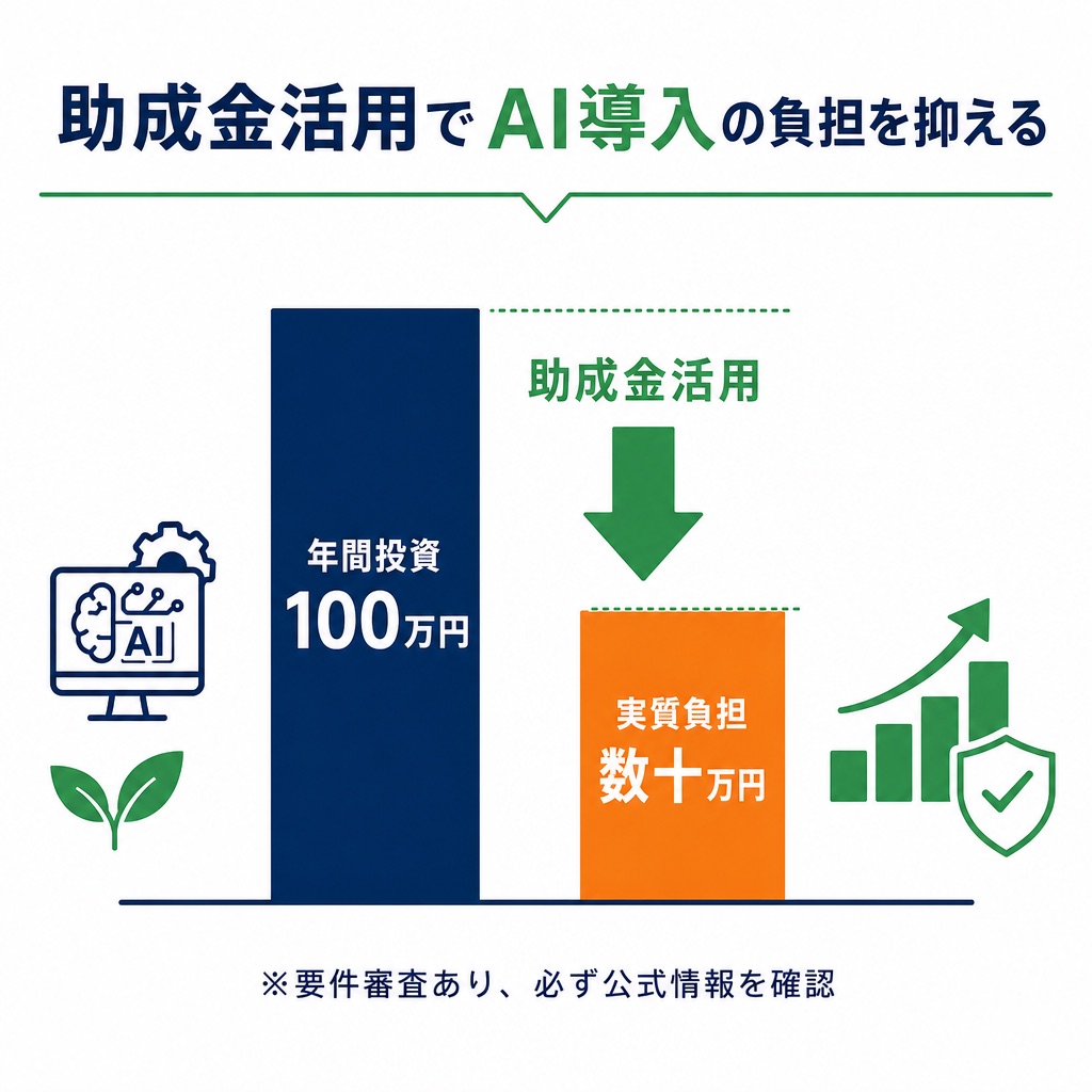 助成金活用でAI導入の負担を抑える棒グラフ。年間投資100万円が、人材開発支援助成金やデジタル化AI導入補助金の活用で実質負担数十万円に圧縮できるイメージ図。要件審査あり