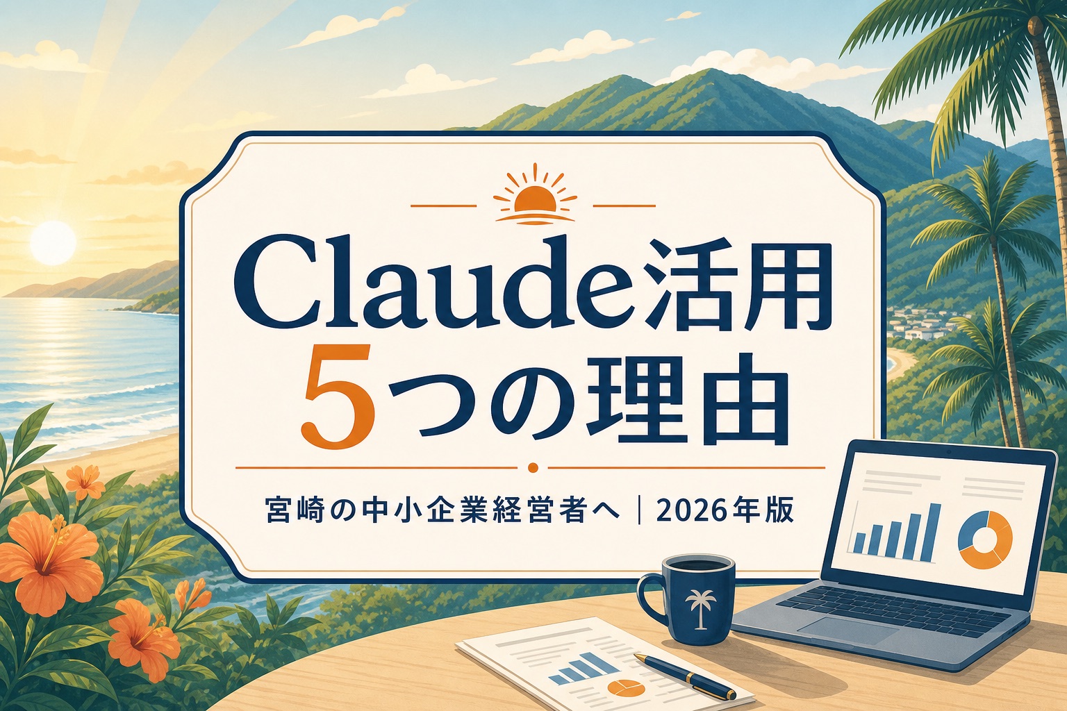 宮崎の中小企業経営者向けに生成AI Claude活用5つの理由を紹介する2026年版アイキャッチ。南国宮崎の海と山を背景に、Claude活用で経営判断に役立つ5つのポイントをタイトル表示
