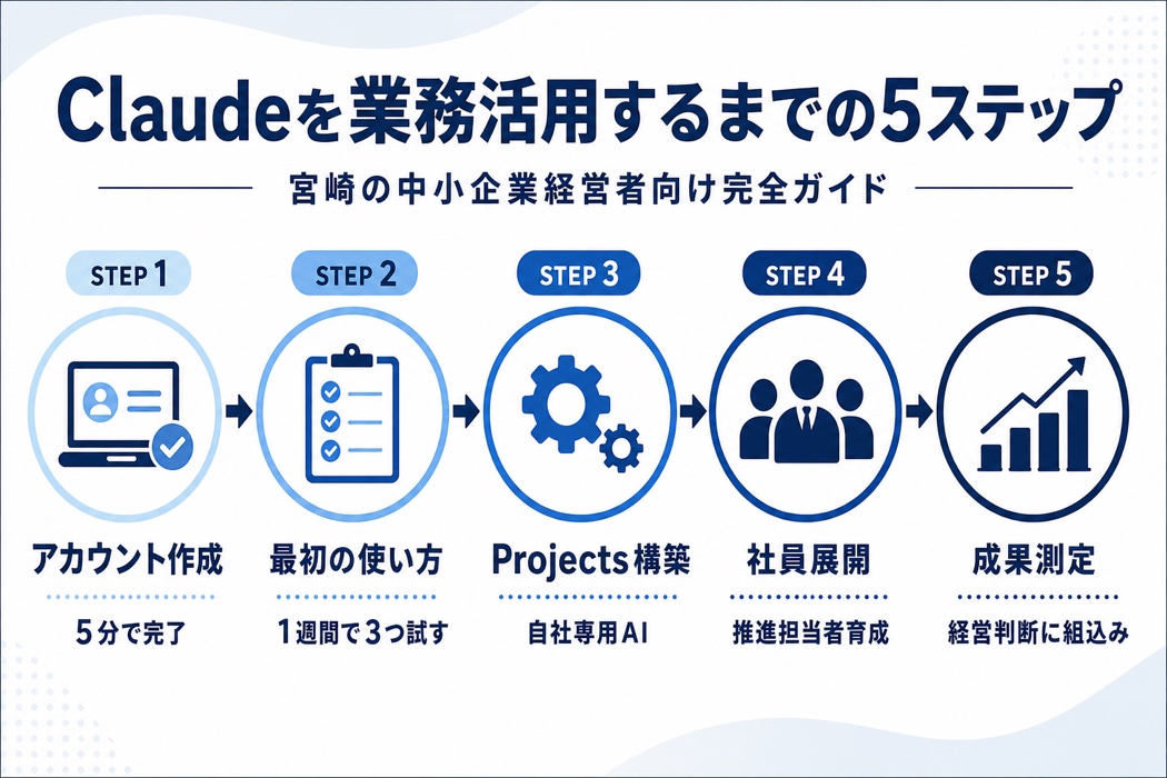 Claude業務活用までの5ステップフロー図。Step1アカウント作成・Step2最初の使い方・Step3Projects構築・Step4社員展開・Step5成果測定の流れを宮崎の中小企業経営者向けに視覚化。
