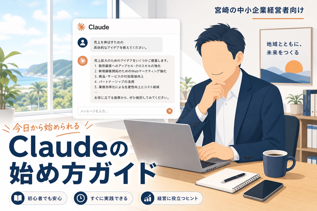 宮崎の中小企業経営者向けClaude始め方ガイドのヘッダー画像。ノートPCでClaudeのチャット画面を見ながら『今日から始められる』訴求の経営者イラスト。初心者でも安心・すぐに実践できる・経営に役立つヒントの特徴付き。