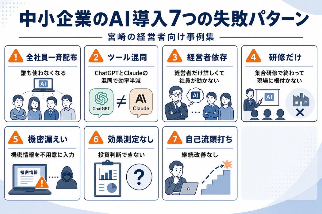 中小企業のAI導入7つの失敗パターン一覧インフォグラフィック:全社員一斉配布・ツール混同・経営者依存・研修だけ・機密漏えい・効果測定なし・自己流頭打ちを宮崎の経営者向けに整理。