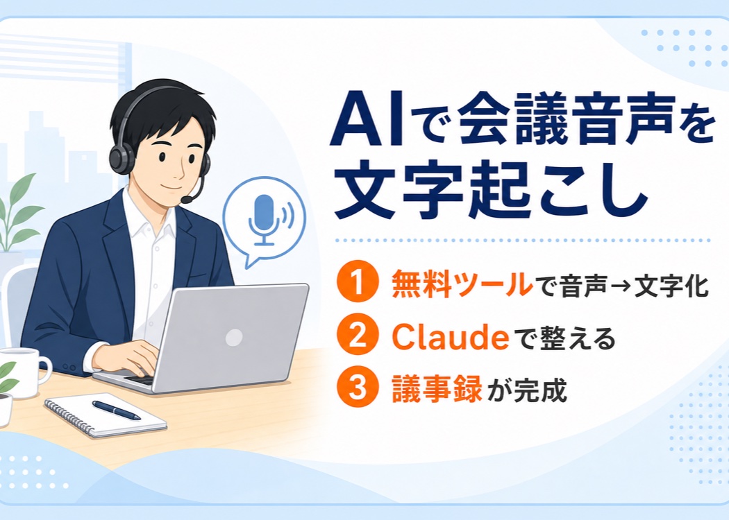 AIで会議音声を文字起こしする方法を解説するアイキャッチ。会議を録音するビジネスパーソンのイラストと、無料ツールで音声を文字化しClaudeで整えて議事録を完成させる3ステップを示す。宮崎の中小企業向け実践ガイド。