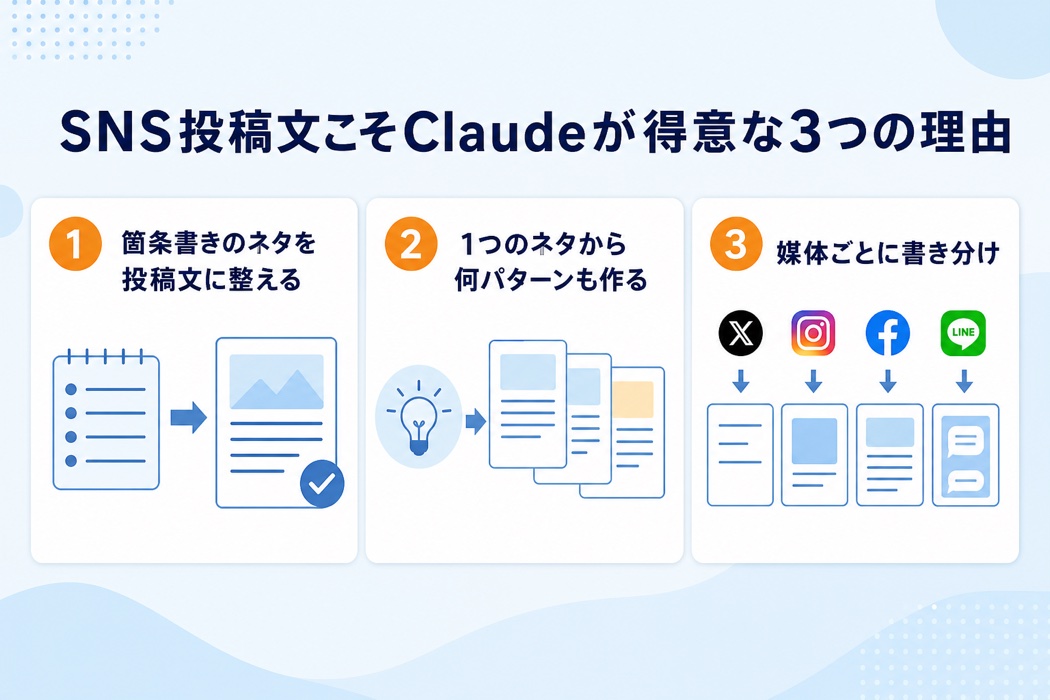 Claudeが「SNS投稿文づくり」に向いている3つの理由を図解したインフォグラフィック。箇条書きのネタを投稿文に整える、1つのネタから何パターンも作る、媒体ごとに書き分け、の3点をカードで示す。青と白基調にネイビーの見出しとオレンジの番号。
