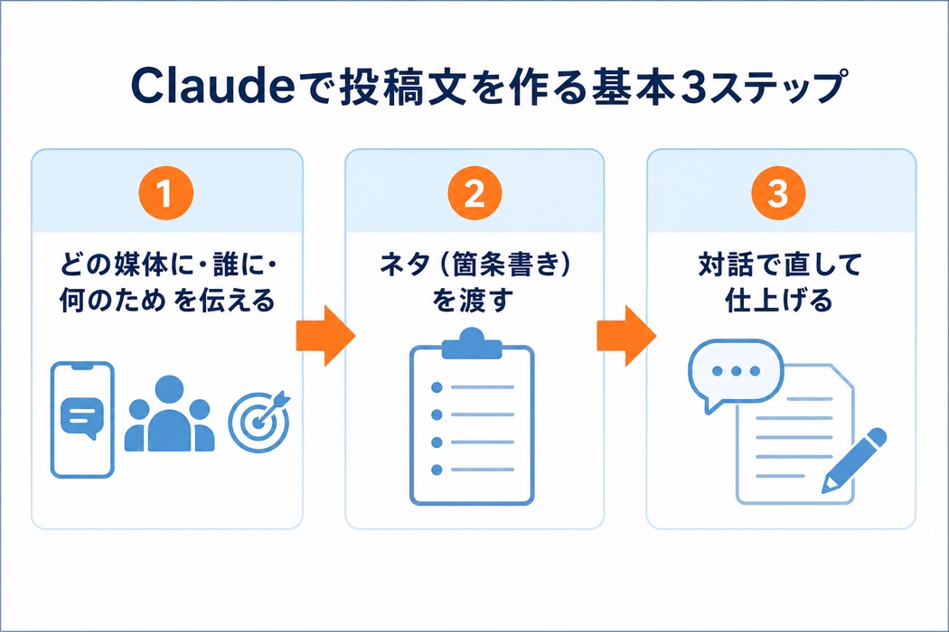 ClaudeでSNS投稿文を作る基本3ステップのフロー図。①どの媒体に・誰に・何のためかを伝える、②ネタを箇条書きで渡す、③対話で直して仕上げる、を矢印でつないだ図解。青と白基調にネイビーの見出しとオレンジの番号。