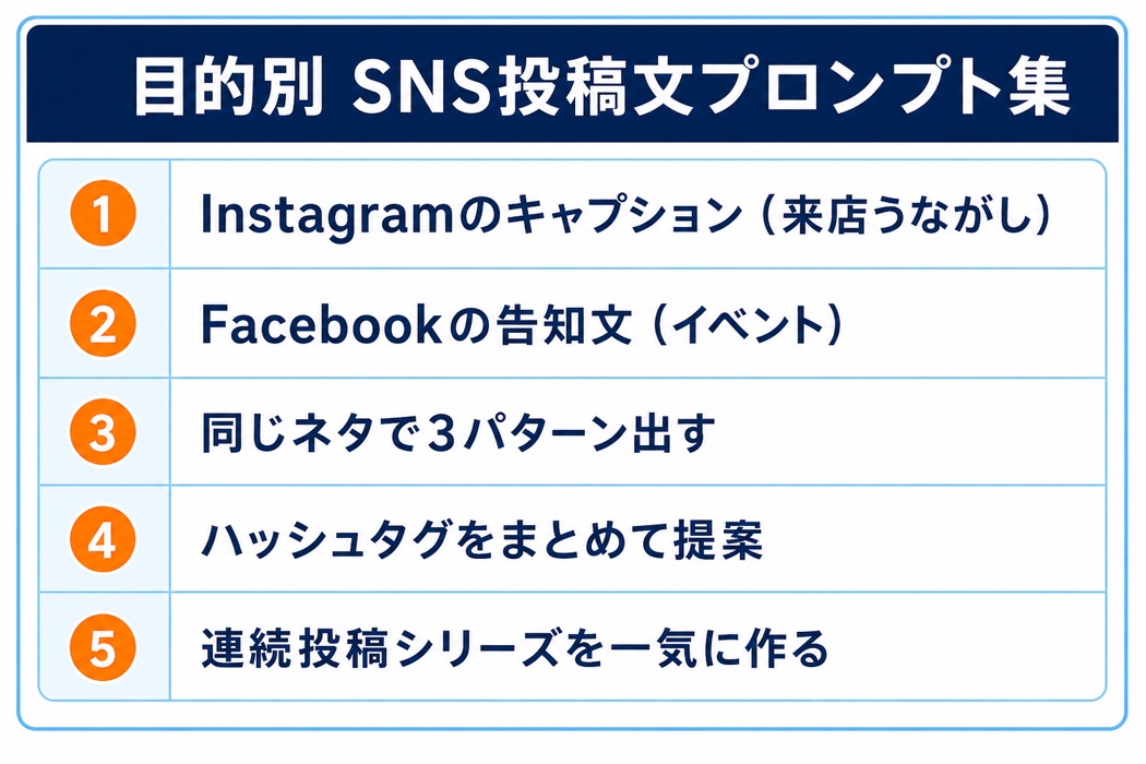 目的別のSNS投稿文プロンプト集を整理した図解。Instagramのキャプション、Facebookの告知文、同じネタで3パターン、ハッシュタグ提案、連続投稿シリーズの5項目を番号付きリストで示す。青と白基調にネイビーの見出しとオレンジの番号。