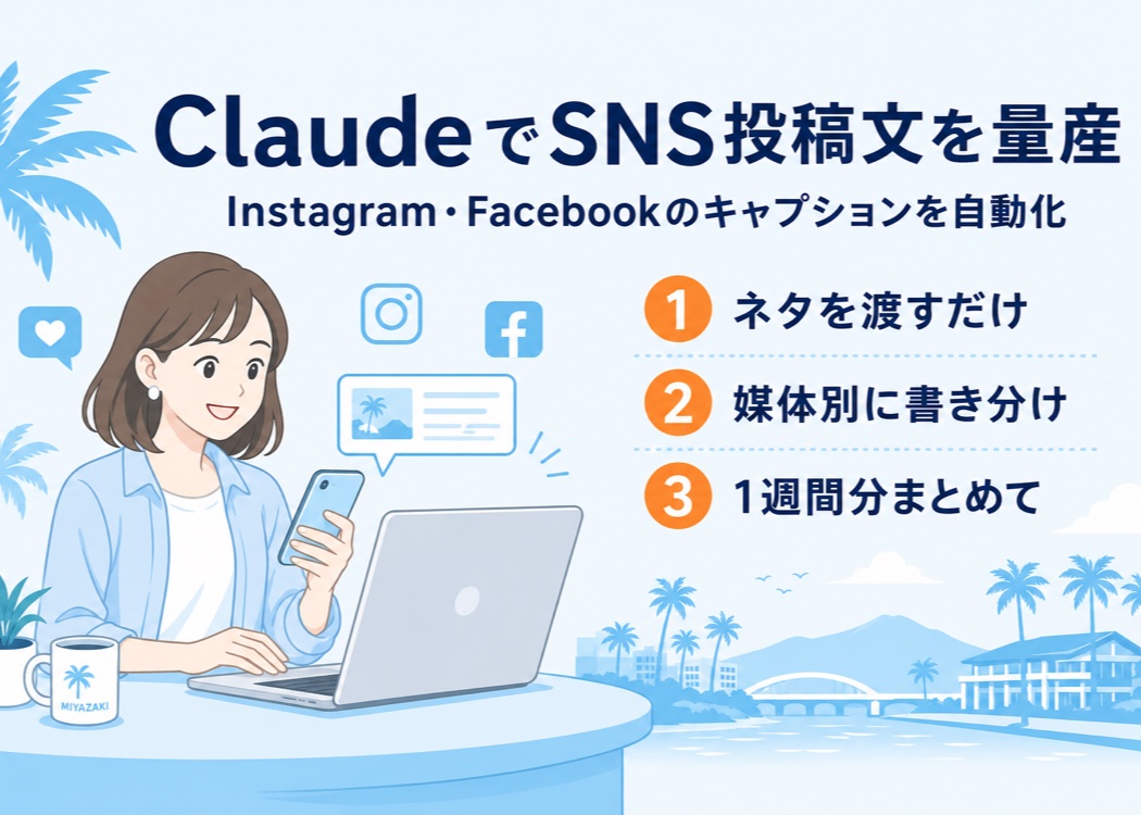 ClaudeでSNS投稿文を量産する方法を解説する記事のアイキャッチ画像。ノートパソコンとスマホでSNS投稿を作る担当者のイラストと「Instagram・Facebookのキャプションを自動化」という見出し、ネタを渡すだけ・媒体別に書き分け・1週間分まとめての3つのポイントを宮崎らしい背景とともに示している。