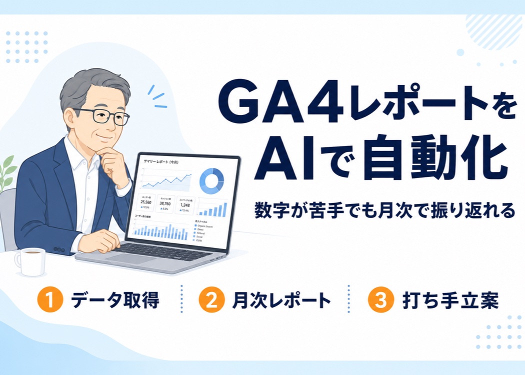 GA4レポートをAIで自動化することを示すアイキャッチ画像。ノートパソコンでアクセス解析のグラフを見て安心する経営者のイラストと「数字が苦手でも月次で振り返れる」の文字、データ取得・月次レポート・打ち手立案の3項目をオレンジの丸数字で図示している。