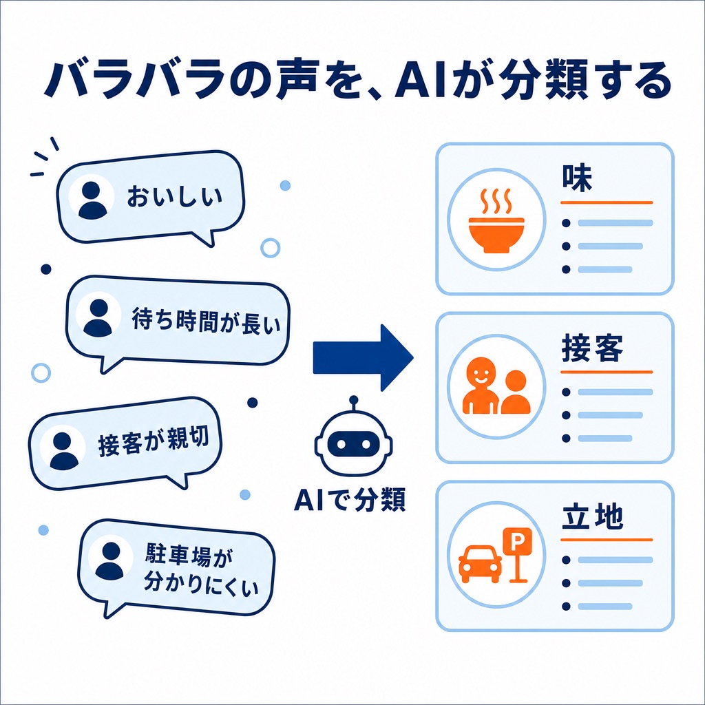 バラバラの顧客の声をAIが意味のかたまりに分類するインフォグラフィック。左側に散らばる口コミの吹き出しから、AIで分類して右側に「味」「接客」「立地」のカードへ整理する流れを図解。アンケートAI分析・VOC活用のイメージ図。