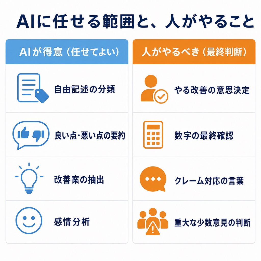 AIに任せてよい範囲と人がやるべき最終判断を2列で比較したインフォグラフィック。AIは自由記述の分類・良い点悪い点の要約・改善案の抽出・感情分析が得意、人は改善の意思決定・数字の確認・クレーム対応・重大な少数意見の判断を担う、と図解。