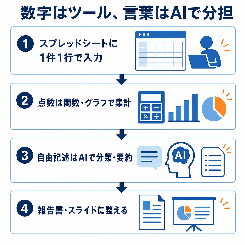 数字はツール・言葉はAIで分担するアンケート集計の4ステップを図解したインフォグラフィック。①スプレッドシートに1件1行で入力②点数は関数グラフで集計③自由記述はAIで分類要約④報告書スライドに整える、という顧客の声の集計の流れを示す。
