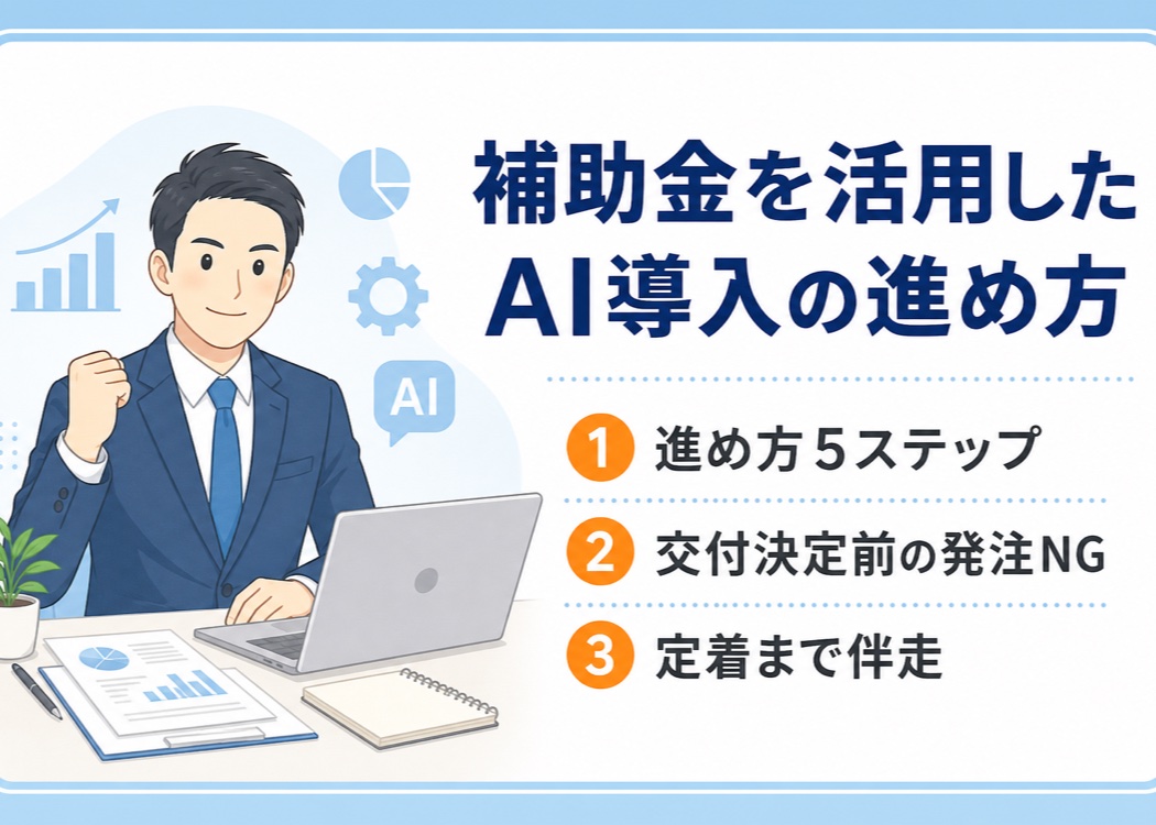 補助金を活用したAI導入の進め方を紹介するブログ記事のアイキャッチ画像。イラスト調の男性経営者と、進め方5ステップ・交付決定前の発注NG・定着まで伴走という3つのポイントをオレンジの丸数字で示したデザイン。宮崎の中小企業向けAI導入支援の解説記事。