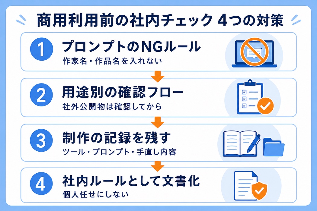 商用利用前の社内チェック4つの対策の図解。①プロンプトのNGルール(作家名・作品名を入れない)②用途別の確認フロー③制作の記録を残す④社内ルールとして文書化、の流れを矢印でつないだフロー図