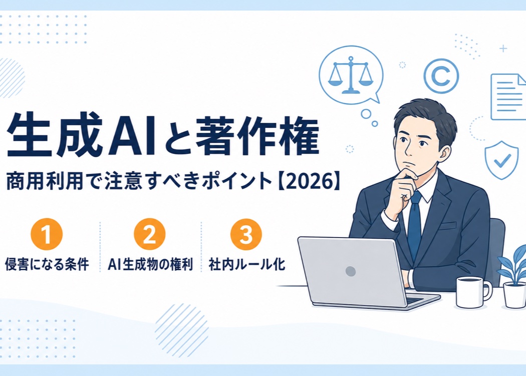 生成AIと著作権、中小企業が商用利用で注意すべきポイント2026を示すアイキャッチ画像。ノートパソコンを前に著作権について考えるイラスト調の経営者と、①侵害になる条件②AI生成物の権利③社内ルール化の3項目を表示
