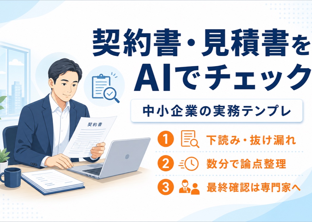 契約書・見積書をAIでチェックする方法を紹介する記事のアイキャッチ。書類とノートPCを見る中小企業の経営者のイラストと、紺色の見出し「契約書・見積書をAIでチェック 中小企業の実務テンプレ」、①下読み・抜け漏れ②数分で論点整理③最終確認は専門家へ、の3つのポイントを配置。