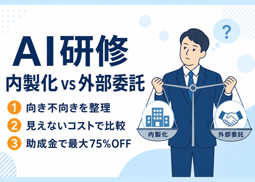 AI研修の内製化と外部委託を天秤にかけて検討するビジネスパーソンのイラスト。向き不向きの整理、見えないコストでの比較、助成金で最大75%OFFという3つのポイントを紹介する、宮崎の中小企業向けAI研修の選び方とコスト比較記事のアイキャッチ画像。