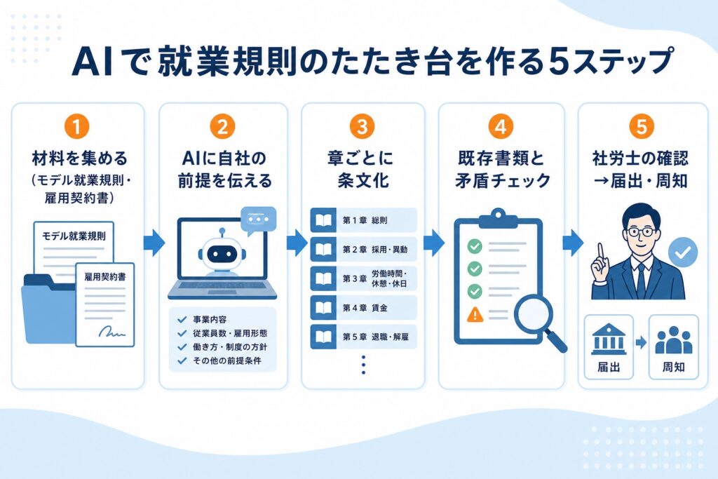 AIで就業規則のたたき台を作る5ステップの図解。材料を集める、AIに自社の前提を伝える、章ごとに条文化、既存書類と矛盾チェック、社労士の確認から届出・周知への流れ。