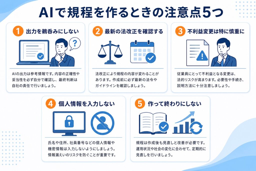 AIで規程を作るときの注意点5つの図解。出力を鵜呑みにしない、最新の法改正を確認する、不利益変更は特に慎重に、個人情報を入力しない、作って終わりにしない。