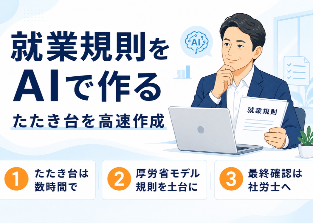 AIで就業規則・社内規程を作る方法の解説記事アイキャッチ。就業規則をAIで作る、たたき台を高速作成。①たたき台は数時間で②厚労省モデル規則を土台に③最終確認は社労士へ。ノートパソコンと就業規則の書類を手にした中小企業経営者のイラスト。