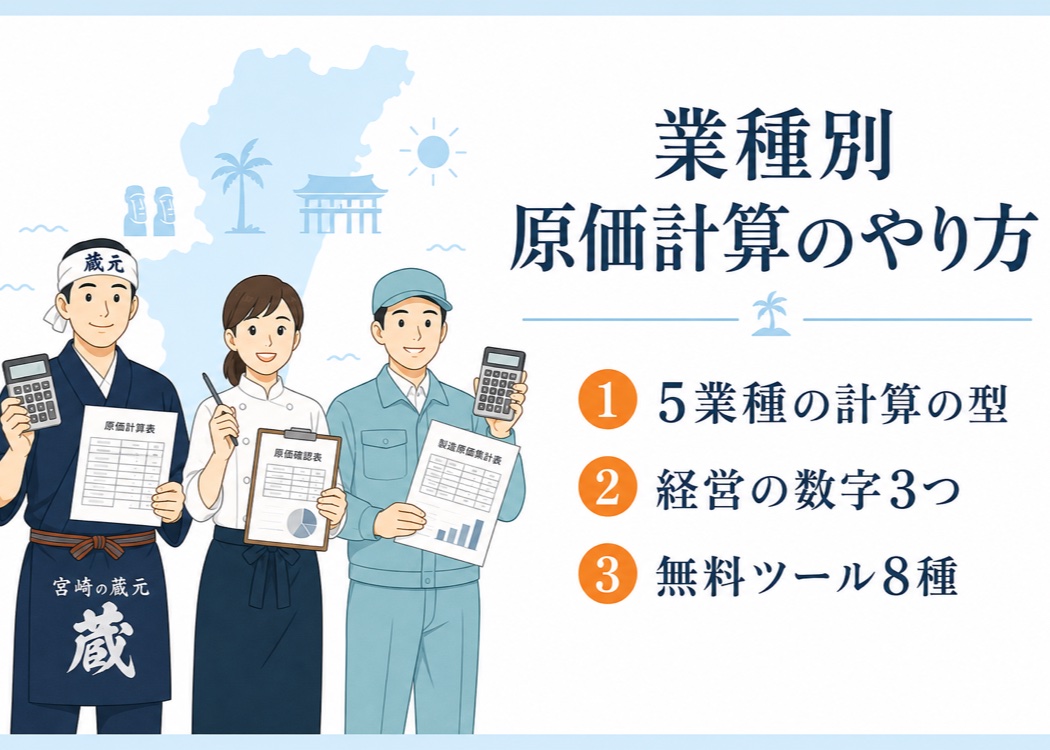 業種別の原価計算のやり方まとめ記事のアイキャッチ画像。焼酎蔵・飲食店・食品加工の宮崎の事業者3名のイラストと、①5業種の計算の型、②経営の数字3つ、③無料ツール8種という記事の3つのポイントをオレンジの丸数字で紹介した表紙デザイン。
