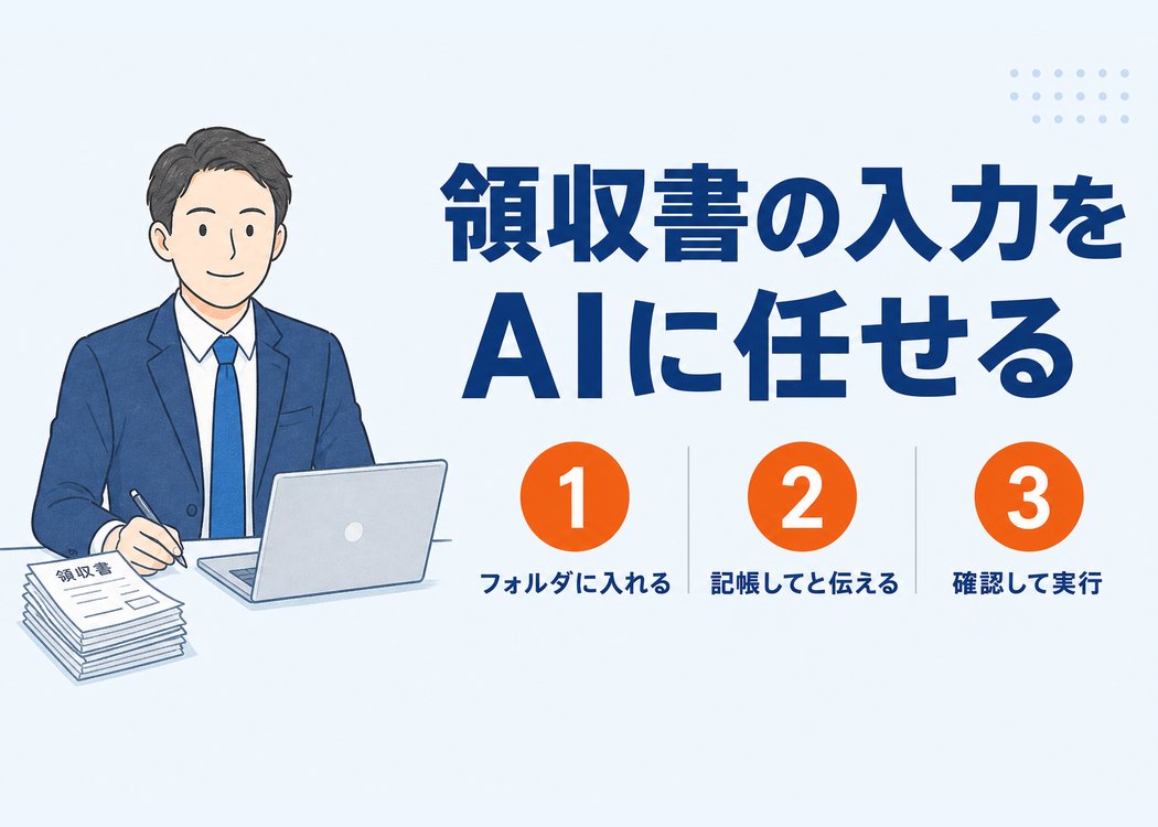 マネーフォワード クラウドの記帳をAIに任せる方法を解説する記事のアイキャッチ画像。領収書の束とノートパソコンを前にした男性会社員のイラストと、フォルダに入れる、記帳してと伝える、確認して実行という3ステップを示している。
