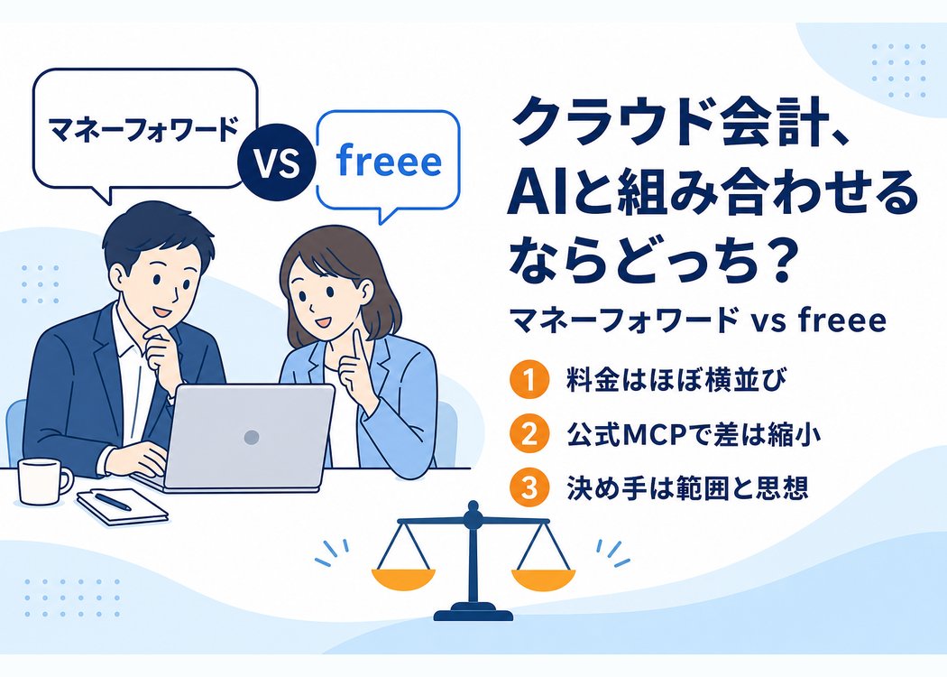 マネーフォワード クラウド会計とfreeeをAI連携の観点で比較する記事のアイキャッチ画像。ノートパソコンを見ながら会計ソフトを検討する男女のイラストと、天秤のアイコン、「料金はほぼ横並び」「公式MCPで差は縮小」「決め手は範囲と思想」という3つの要点を並べた図。